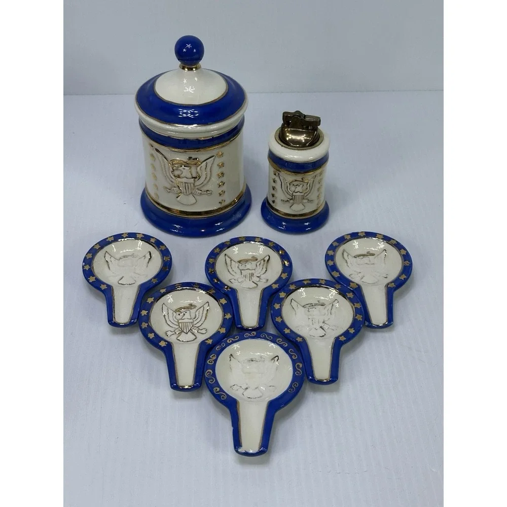 Vintage Tabletop Patriotic Lighter Party Ashtray Set Ceramic Glazed Hand Made